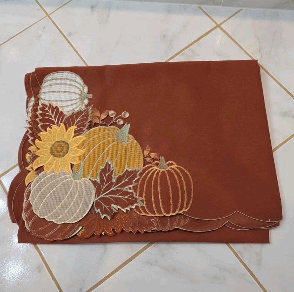 Embroidered Fall Harvest Pumpkin Tablecloth 60" x 84" Scalloped Cutwork